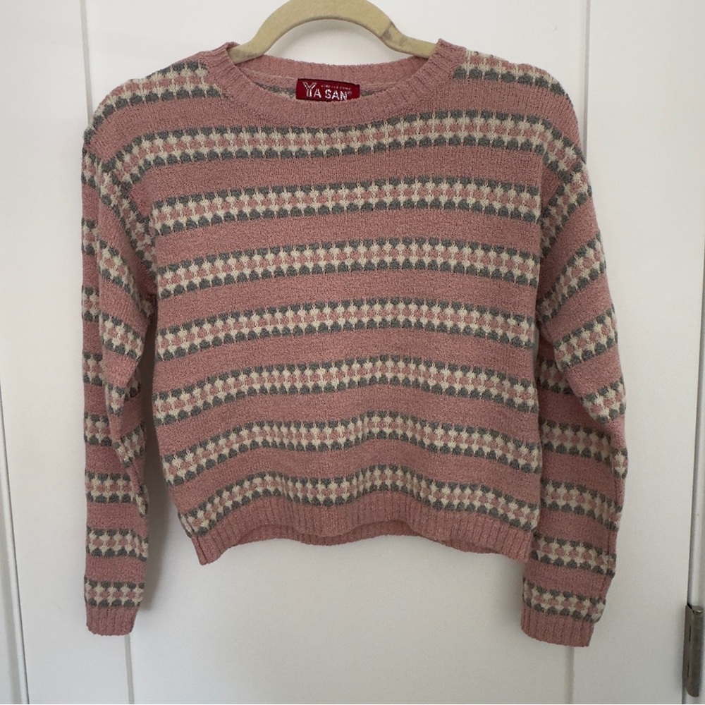 Vintage pink, gray, and white striped crop sweater